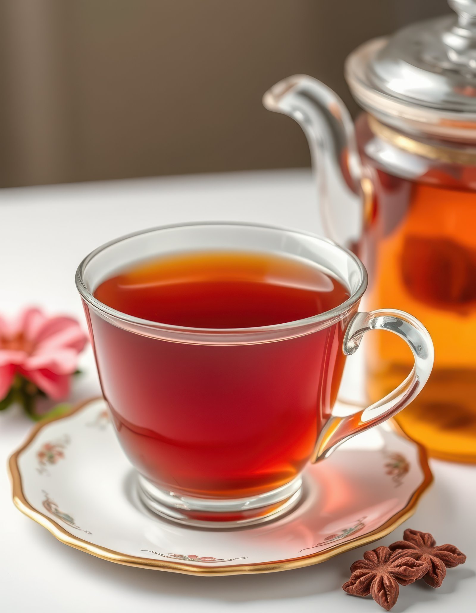 Warm tea served in elegant cup with a teapot beside it, creating a cozy atmosphere at a cafe